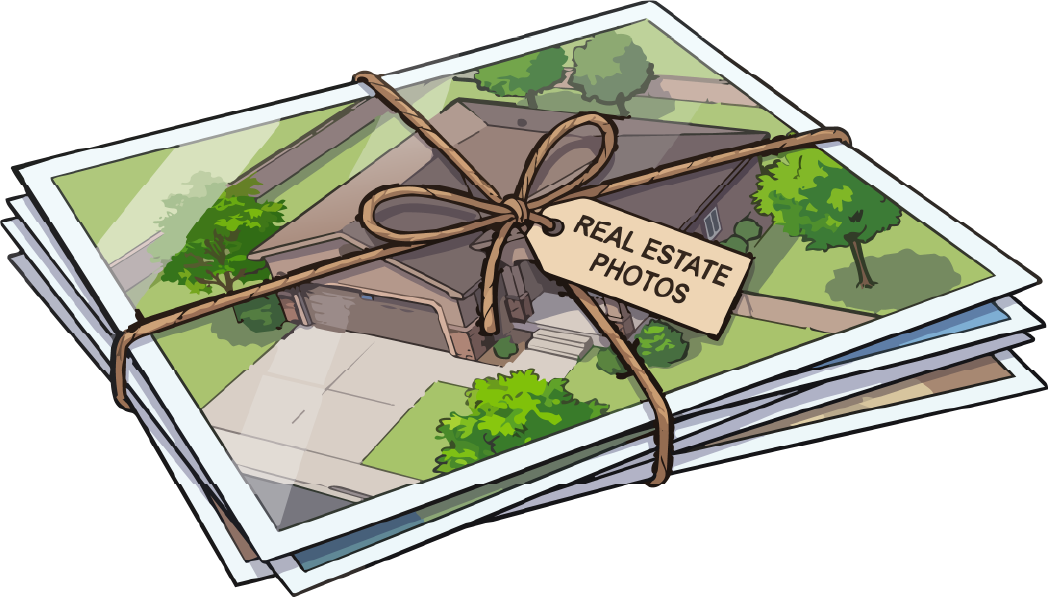 Illustration: a twine-tied bundle of printed aerial photos tagged Real Estate Photos
